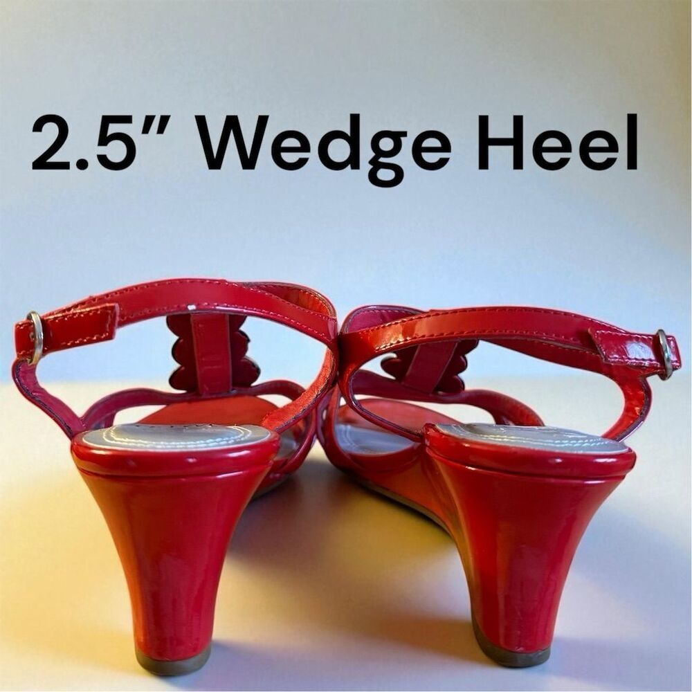Impo Women's Red Shiny Faux Leather Wedge Sandals Size 8.5 Silver Medallions - Picture 6 of 10